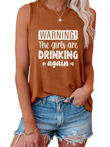 Detail of amber tank top with white WARNING The girls are DRINKING again print