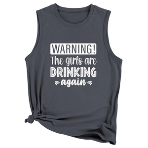 Detail of grey tank top showing 'WARNING' text print and stylish front hem knot design