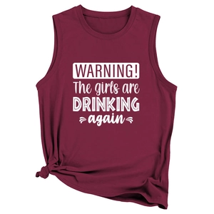 Detail of burgundy tank top with WARNING the girls are DRINKING again print and hem knot