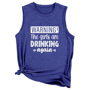 Blue 'Warning the Girls' knot hem tank top with printed text and soft jersey texture