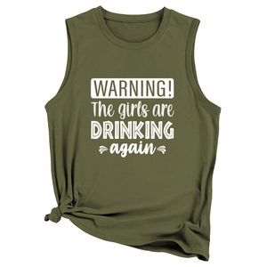 Detail of army green tank top featuring white Warning The Girls slogan and side knot