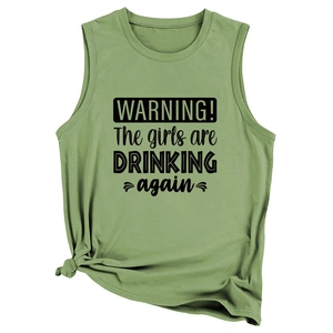 Detail of sage green tank top with black text print and stylish front knot design