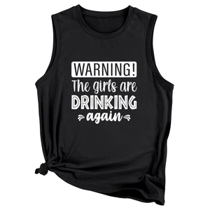 Detail of a black sleeveless tank top featuring a front knot and bold slogan print