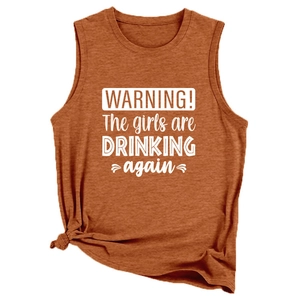 Brick red sleeveless tank top with Warning the Girls text and side knot detail