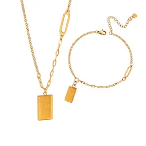 Necklace And Anklet Titanium Steel 18K Gold Plated Engraved GOLD Square Pendant Asymmetric Chain Jewelry For Women