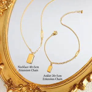 Gold-plated minimalist square pendant necklace and anklet set with GOLD engraving