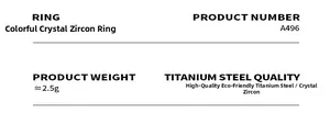Detailed technical specifications for the gold-plated titanium ring with colorful zircons