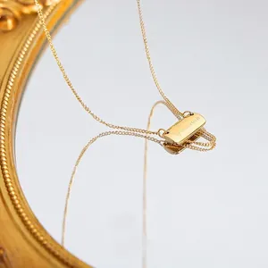 18K gold plated square pendant necklace with letter engraving and adjustable chain