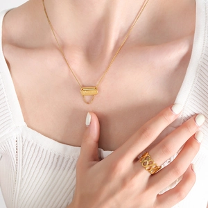 Gold-plated square pendant necklace with tassel and hollow geometric ring jewelry set