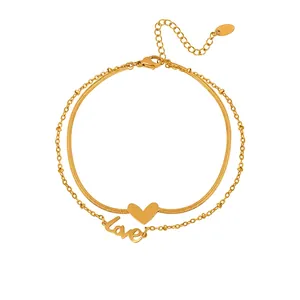 Bracelet De Cheville Double Couche En Acier Titane Avec Pendentif Coeur Et Lettre Love Bijou Mode Pour Femme Plage