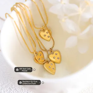 18K gold plated snake chain necklace featuring a heart pendant with three zircons
