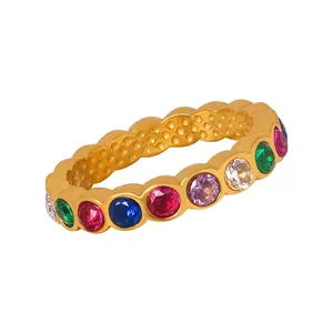 Colorful Crystal Zircon Eternity Ring Titanium Steel Gold Plated Rainbow Band Fashion Jewelry For Women