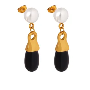 Vintage Teardrop Dangle Earrings With Faux Artificial Pearl And Black Glass Stone Elegant Stainless Steel Minimalist Jewelry Women