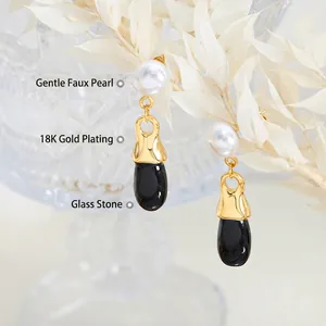Elegant 18K gold plated drop earrings with white faux pearl and black glass stone charm