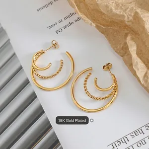 Three-layer 18K gold plated C-shaped hoop earrings with twisted rope and smooth texture