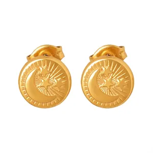 Vintage Round Coin Stud Earrings Titanium Steel 18K Gold Plated Moon Star Relief Celestial Jewelry For Women