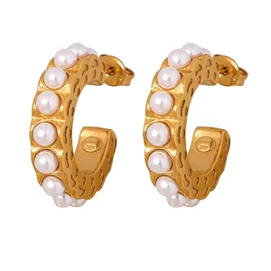 Elegant C Shaped Hoop Earrings For Women With Titanium Steel And Multiple Faux Artificial Pearls Retro Geometric Jewelry Gift