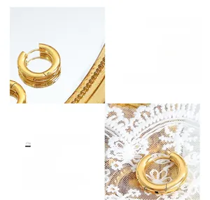 Detailed view of U-shaped gold earrings in 18K plated titanium with sparkling zircon