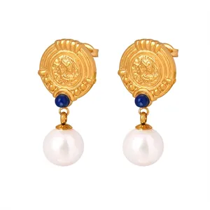 Retro Court Style Dangle Earrings Titanium Steel Gold Plated Coin Relief Portrait Blue Glass Bead White Artificial Pearl Jewelry