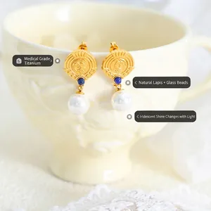 French vintage 18K gold plated drop earrings with blue stone and white pearl