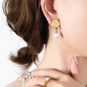 French vintage 18K gold-plated coin earrings with blue stone and pearl pendants