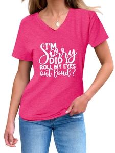 Detail of rose pink V-neck T-shirt with white quote print and soft cotton texture