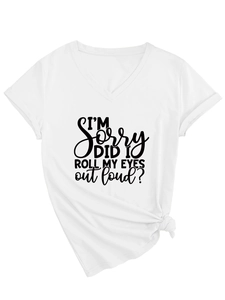 Detail of white V-neck T-shirt with I'M SORRY slogan and decorative side knot at the hem
