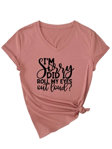 Detail of pink V-neck T-shirt showing 'I'M SORRY' print and side knot design