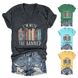 Damen V-Ausschnitt T-Shirt Lässig Kurzarm Geknoteter Saum Top Mit I'm With The Banned Buchgrafik Druck Baumwollmischung