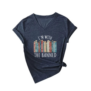 Navy V-Ausschnitt T-Shirt mit I'M WITH THE BANNED Buchgrafik und modischem Knotensaum