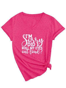 Detail of rose red V-neck T-shirt with white slogan print and stylish knotted hem