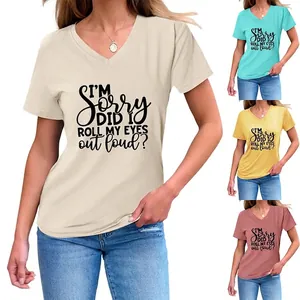 Women V Neck T Shirt Cotton Blend Short Sleeve Slogan Print Loose Casual Top Funny Lettering