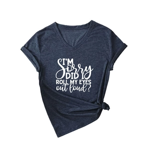 Navy blue V-neck T-shirt with 'I'M SORRY DID I ROLL MY EYES' print and side knot detail