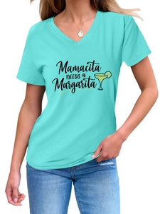 Detail of teal V-neck T-shirt featuring Mamacita needs a Margarita text and cocktail graphic