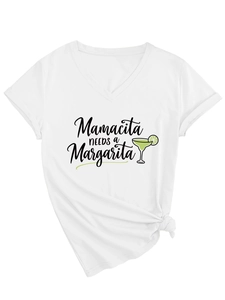 Detail of V-neck white cotton t-shirt featuring Mamacita needs a Margarita print and waist knot