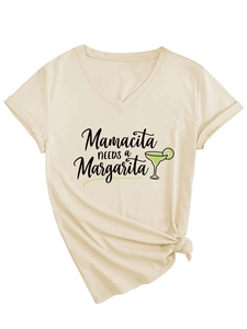 Detail of V-neck apricot T-shirt with Mamacita Needs a Margarita print and side knot