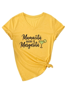 Detail of V-neck yellow T-shirt featuring a front knot and Mamacita Margarita print