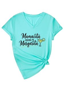 Detail of turquoise V-neck T-shirt featuring Mamacita print and stylish knotted hem design