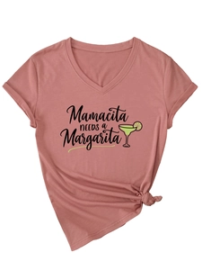Detail of V-neck T-shirt in dusky pink with Mamacita Needs a Margarita print and tied hem