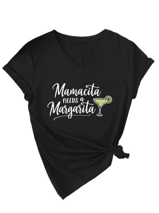 Detail of V-neck T-shirt showing Mamacita needs a Margarita print and side-tied hem