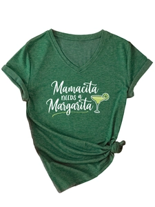 Detail of V-neck dark green T-shirt with Mamacita print and stylish front knot design