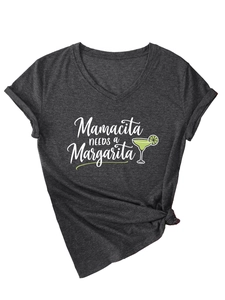 Detail of grey V-neck t-shirt with Mamacita needs a Margarita print and side knot