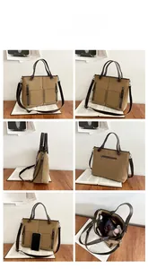 Detailed views of vintage khaki canvas handbag showing pockets, interior space and strap