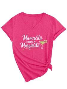 Close-up of rose red V-neck T-shirt featuring Mamacita needs a Margarita print and waist knot