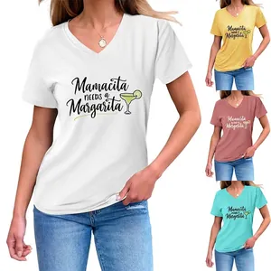 Women V-Neck T-Shirt Cotton Blend Short Sleeve Mamacita Needs A Margarita Graphic Letter Print Casual Summer Top