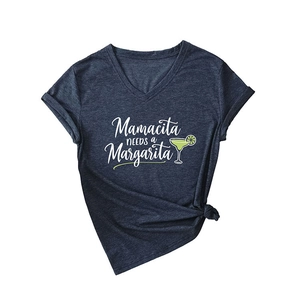 Women's V-neck heather blue Mamacita Needs a Margarita graphic t-shirt with side knot