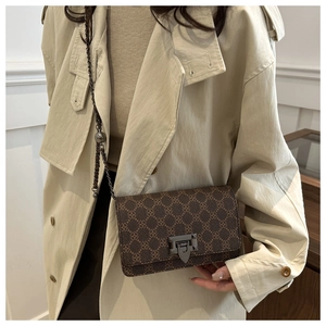 Close-up of brown patterned crossbody bag with metallic chain and clover texture
