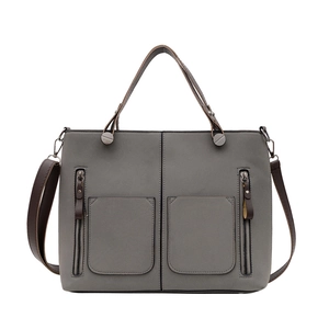 Fashion matte leather tote bag in gray with dual front pockets and shoulder straps