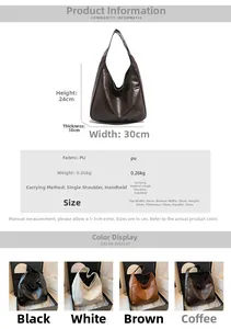 Size guide for large PU leather tote bag with measurements and color selection