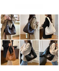 Collage of large faux leather tote bags in dark brown, caramel, cream, and black